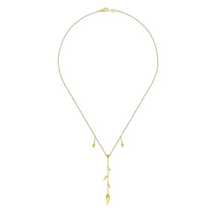 Floral - 18 inch 14K Yellow Gold Y Necklace with Leaf Drops and Center Diamond