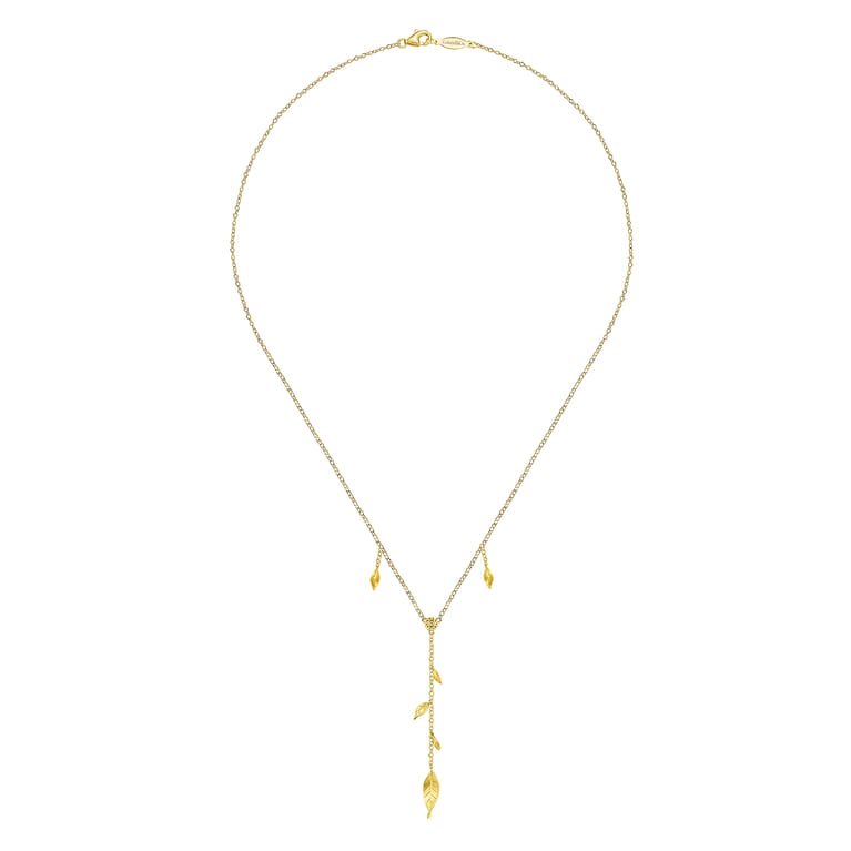 Floral - 18 inch 14K Yellow Gold Y Necklace with Leaf Drops and Center Diamond - Shot 2