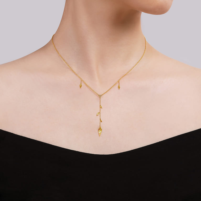 Floral - 18 inch 14K Yellow Gold Y Necklace with Leaf Drops and Center Diamond - Shot 3
