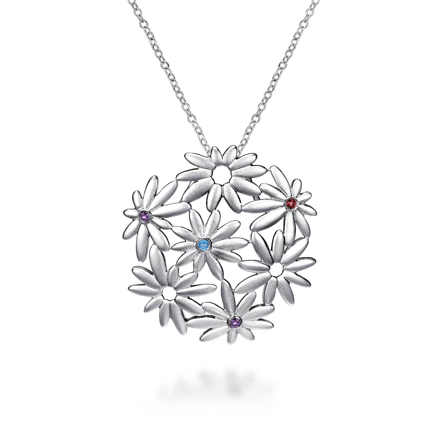Floral - 18 inch 925 Sterling Silver Floral Blue Topaz and Garnet and Amethyst Pendant Necklace - Shot 1