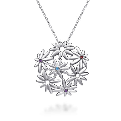 Floral - 18 inch 925 Sterling Silver Floral Blue Topaz and Garnet and Amethyst Pendant Necklace