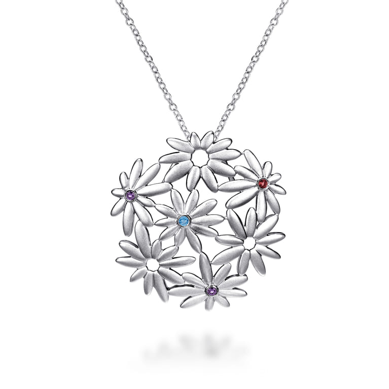 Floral - 18 inch 925 Sterling Silver Floral Blue Topaz and Garnet and Amethyst Pendant Necklace - Shot 1