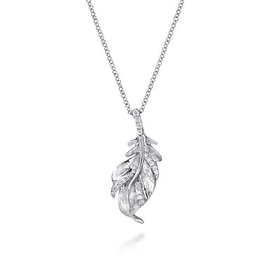 Floral - 18 inch 925 Sterling Silver Leaf Diamond Pendant Necklace