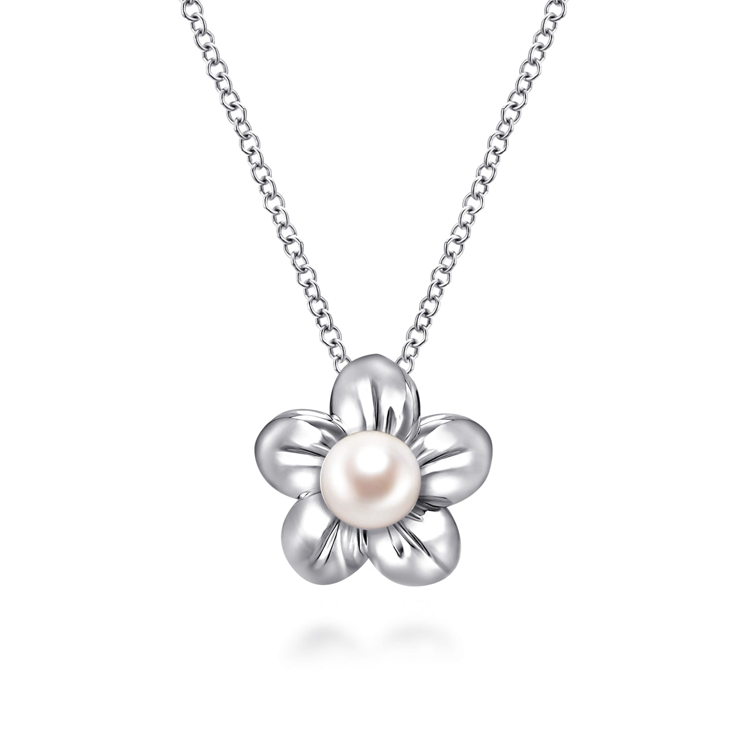 Floral - 18 inch 925 Sterling Silver Pearl Flower Pendant Necklace - Shot 1