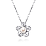 Floral - 18 inch 925 Sterling Silver Pearl Flower Pendant Necklace