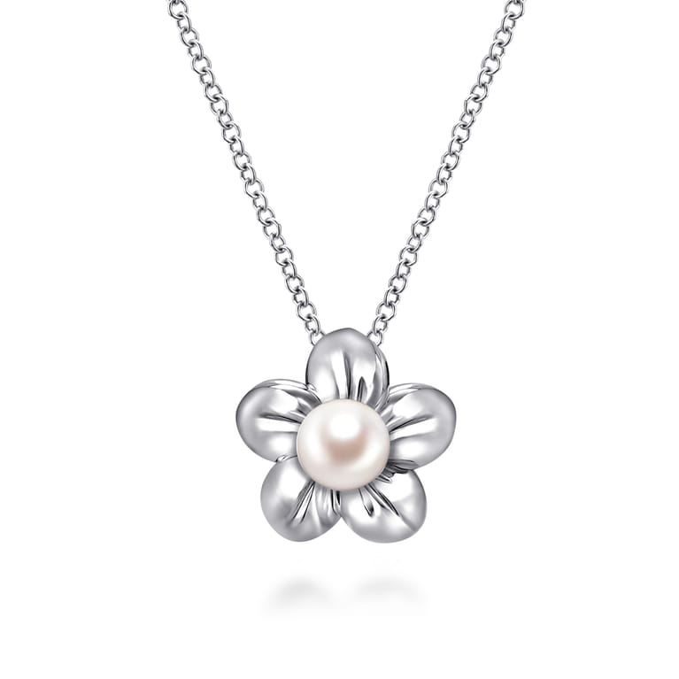 Floral - 18 inch 925 Sterling Silver Pearl Flower Pendant Necklace - Shot 1