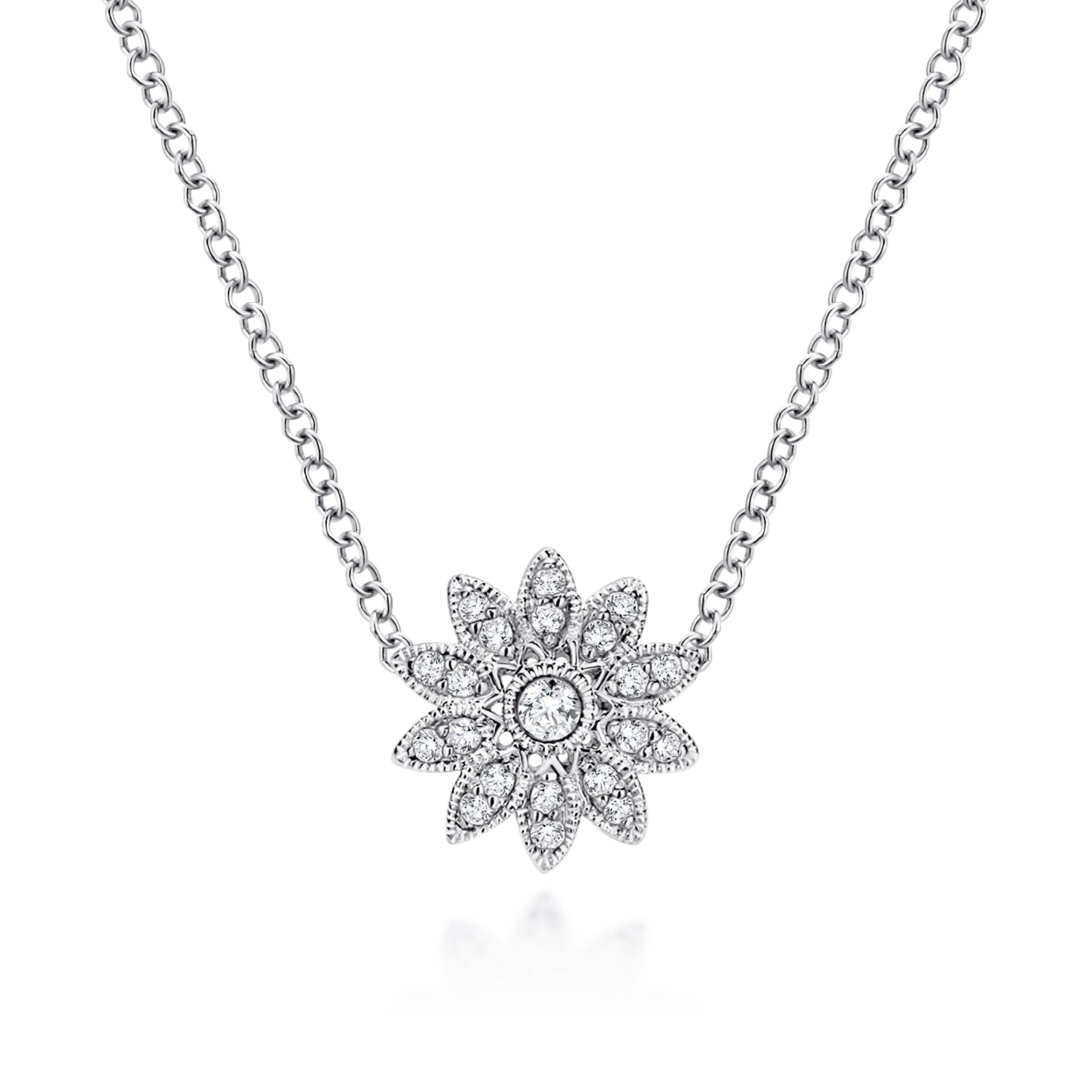 Floral - 18 inch 925 Sterling Silver Round Floral White Sapphire Pendant Necklace