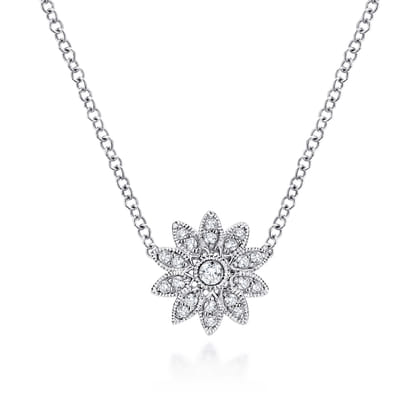Floral - 18 inch 925 Sterling Silver Round Floral White Sapphire Pendant Necklace