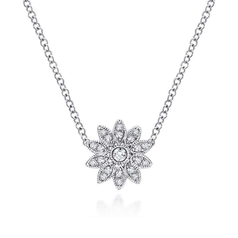 Floral - 18 inch 925 Sterling Silver Round Floral White Sapphire Pendant Necklace - Shot 1