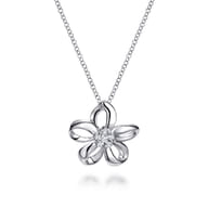 Floral - 18 inch 925 Sterling Silver White Sapphire Flower Pendant Necklace