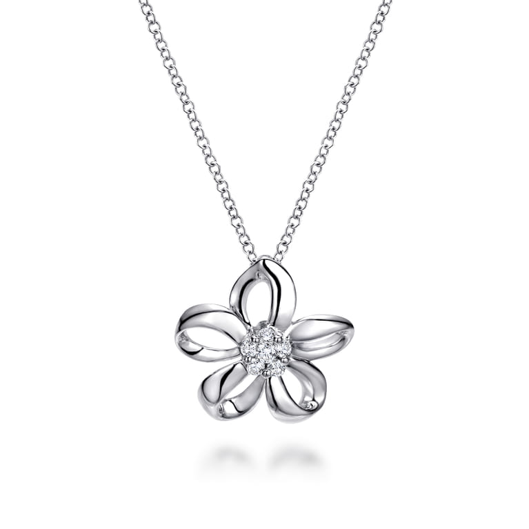Floral - 18 inch 925 Sterling Silver White Sapphire Flower Pendant Necklace - Shot 1