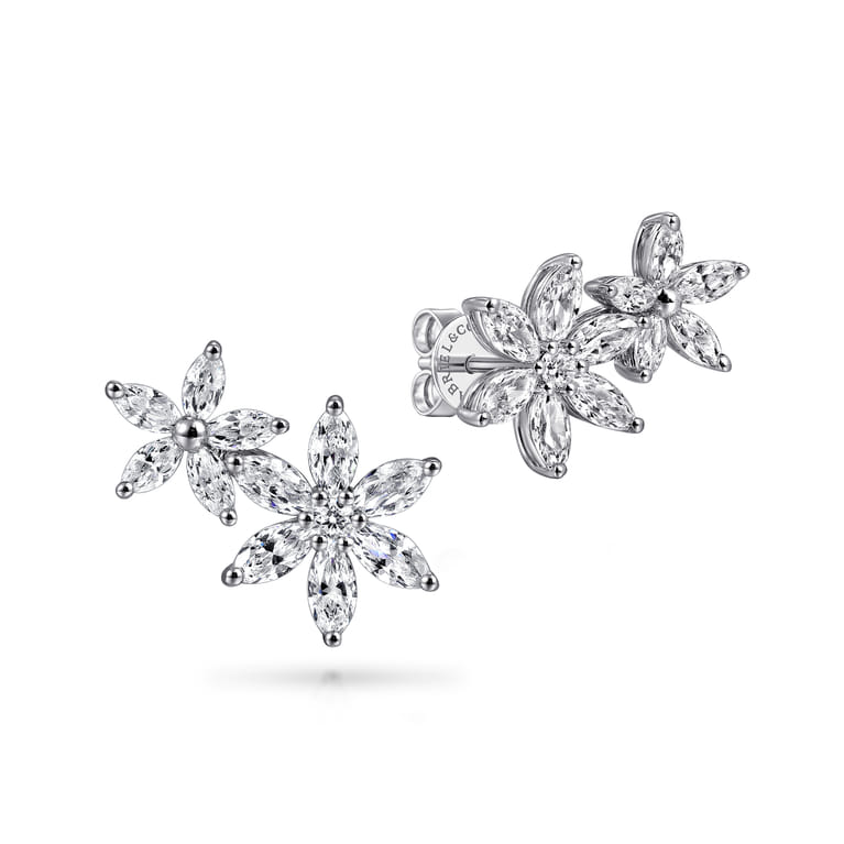 Floral - 18K White Gold Diamond Floral Stud Earrings - 1.5 ct - Shot 1
