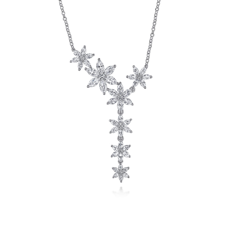 Floral - 18K White Gold Diamond Floral Y Knots Necklace - 4.25 ct - Shot 1