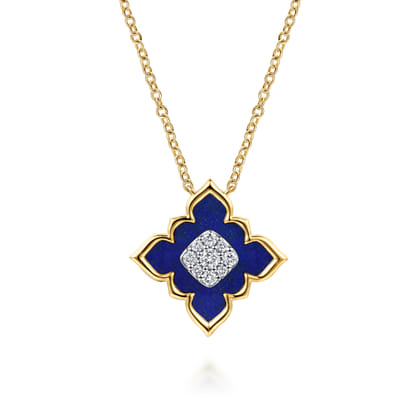Floral - 18K White  Yellow Gold Diamond and Lapis Floral Pendant Necklace