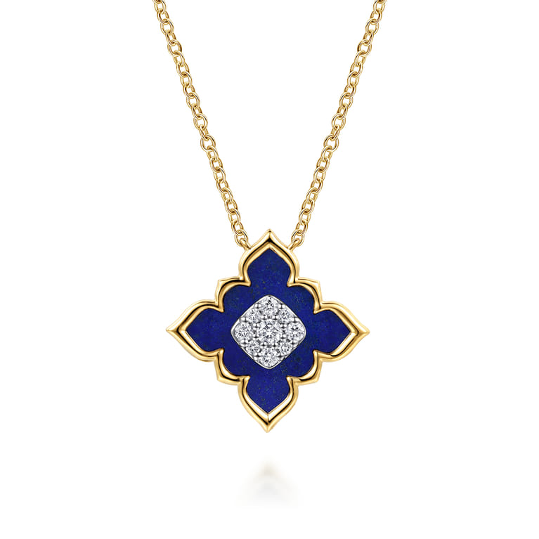 Floral - 18K White  Yellow Gold Diamond and Lapis Floral Pendant Necklace - 0.25 ct - Shot 1