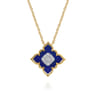 Floral - 18K White  Yellow Gold Diamond and Lapis Floral Pendant Necklace - 0.25 ct