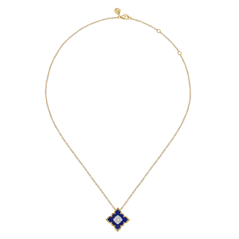 Floral - 18K White  Yellow Gold Diamond and Lapis Floral Pendant Necklace - 0.25 ct - Shot 2