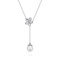 Floral - 20 inch 925 Sterling Silver Floral White Sapphire and Pearl Y Necklace