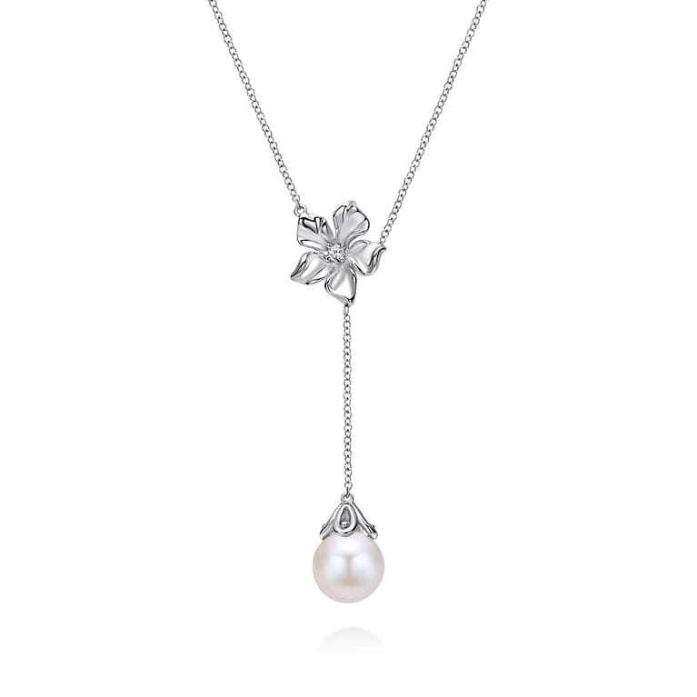Floral - 20 inch 925 Sterling Silver Floral White Sapphire and Pearl Y Necklace - Shot 1