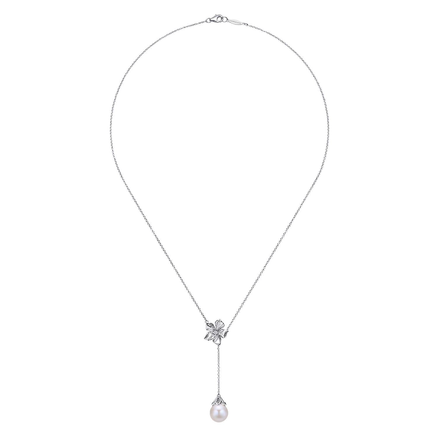 Floral - 20 inch 925 Sterling Silver Floral White Sapphire and Pearl Y Necklace - Shot 2