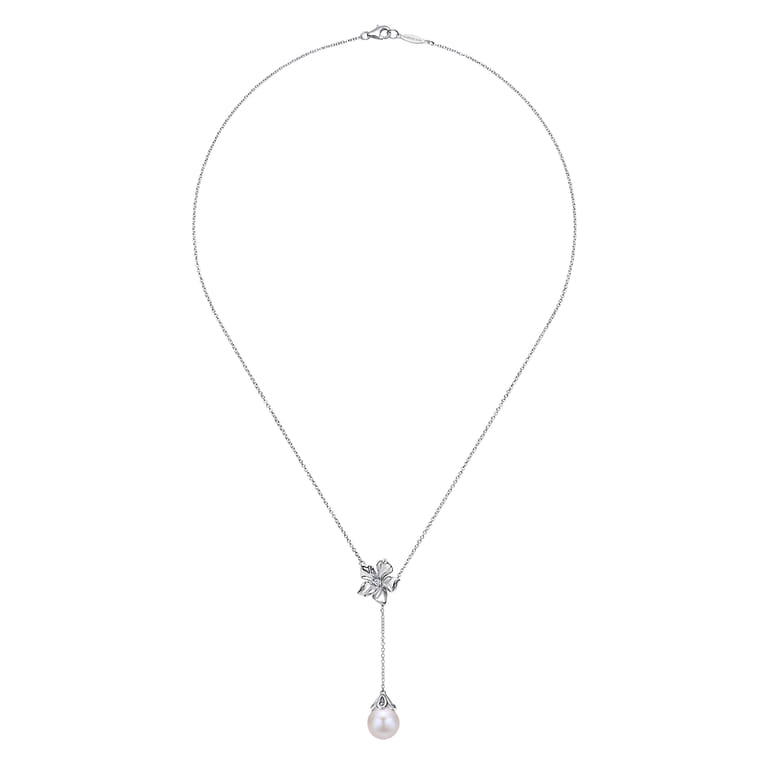 Floral - 20 inch 925 Sterling Silver Floral White Sapphire and Pearl Y Necklace - Shot 2
