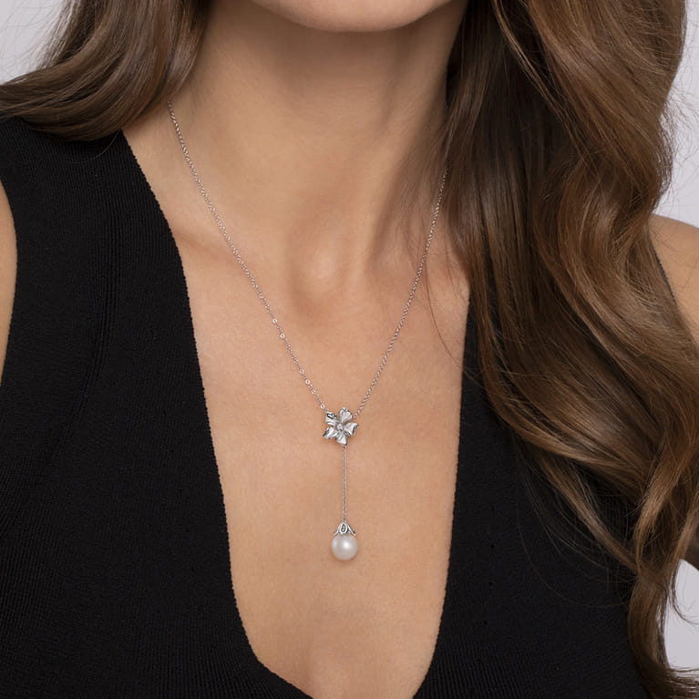 Floral - 20 inch 925 Sterling Silver Floral White Sapphire and Pearl Y Necklace - Shot 3