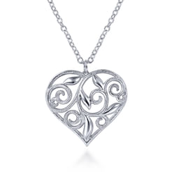 30 inch 925 Sterling Silver Floral Inlay Heart Pendant Necklace