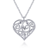 Floral - 30 inch 925 Sterling Silver Floral Inlay Heart Pendant Necklace