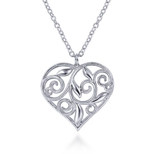 Floral - 30 inch 925 Sterling Silver Floral Inlay Heart Pendant Necklace