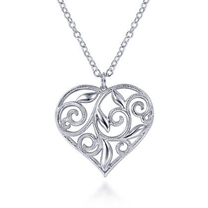 Floral - 30 inch 925 Sterling Silver Floral Inlay Heart Pendant Necklace