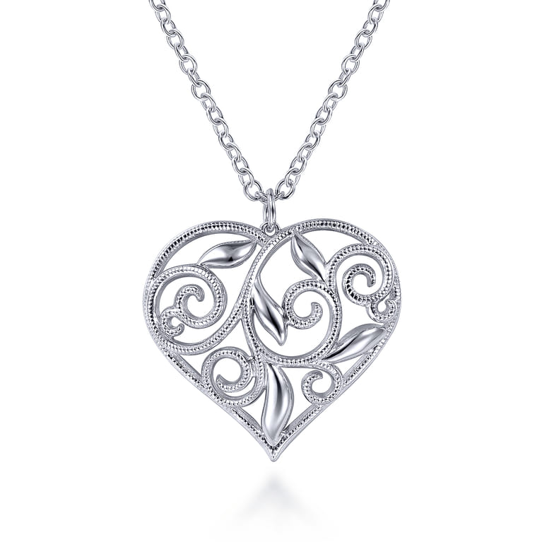 Floral - 30 inch 925 Sterling Silver Floral Inlay Heart Pendant Necklace - Shot 1