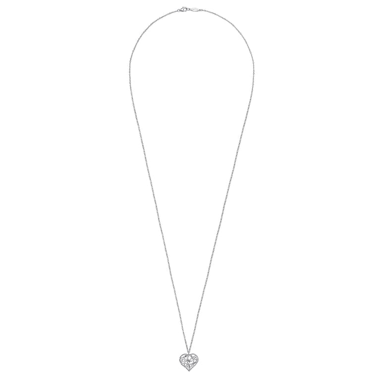 Floral - 30 inch 925 Sterling Silver Floral Inlay Heart Pendant Necklace - Shot 2