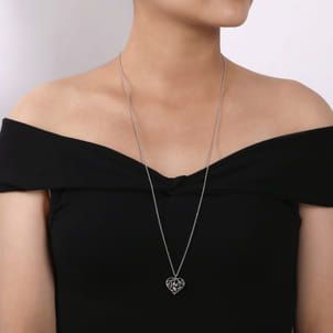 Floral - 30 inch 925 Sterling Silver Floral Inlay Heart Pendant Necklace