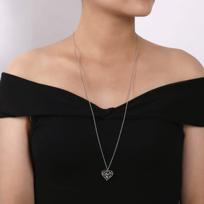 Floral - 30 inch 925 Sterling Silver Floral Inlay Heart Pendant Necklace