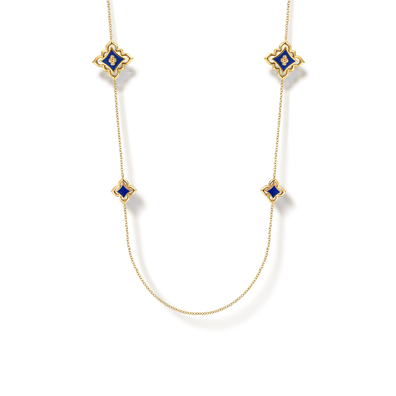 Floral - 32 Inch 18K Yellow Gold Floral Station Necklace with Chrome Blue Enamel - Shot 1