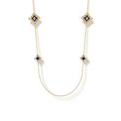 Floral - 32 Inch 18K Yellow Gold Floral Station Necklace with Chrome Blue Enamel