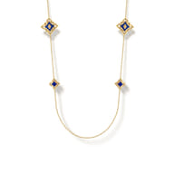 Floral - 32 Inch 18K Yellow Gold Floral Station Necklace with Chrome Blue Enamel