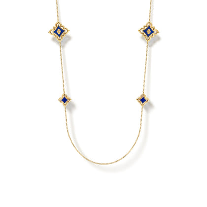 Floral - 32 Inch 18K Yellow Gold Floral Station Necklace with Chrome Blue Enamel