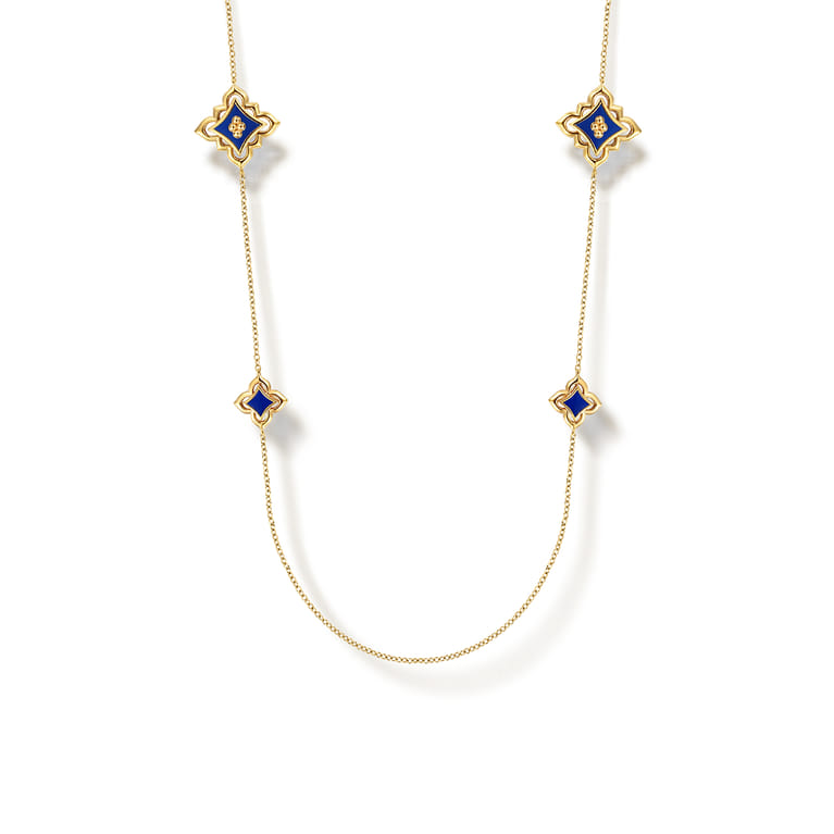 Floral - 32 Inch 18K Yellow Gold Floral Station Necklace with Chrome Blue Enamel - Shot 1