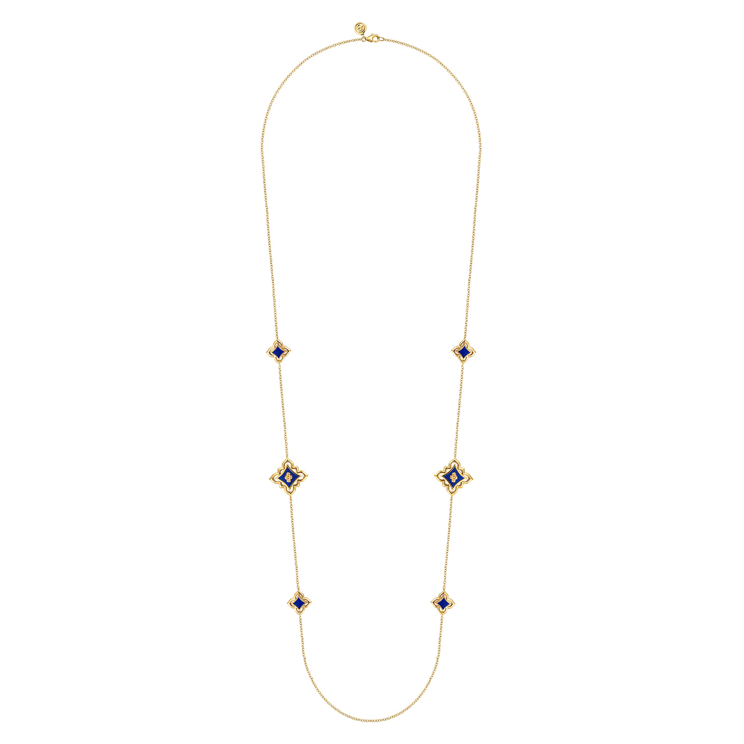 Floral - 32 Inch 18K Yellow Gold Floral Station Necklace with Chrome Blue Enamel - Shot 2