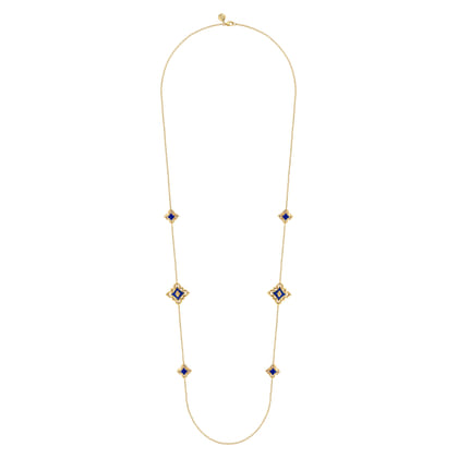 Floral - 32 Inch 18K Yellow Gold Floral Station Necklace with Chrome Blue Enamel