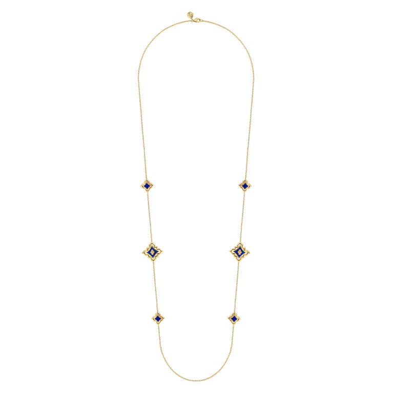 Floral - 32 Inch 18K Yellow Gold Floral Station Necklace with Chrome Blue Enamel - Shot 2