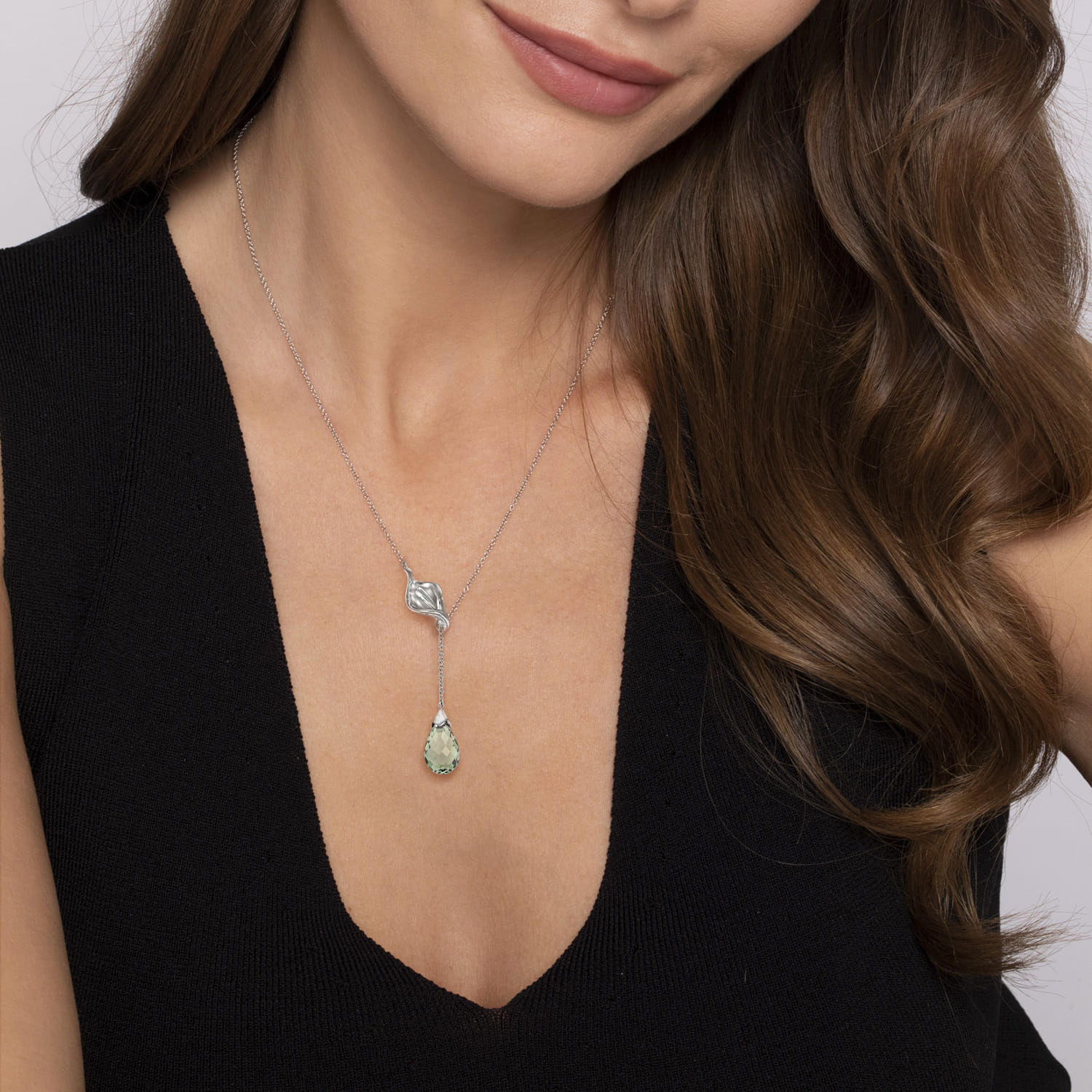 Floral - 925 Sterling Silver Green Amethyst Floral Lariat Necklace - Shot 3