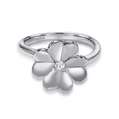 Floral - 925 Sterling Silver High Polished Flower with White Sapphire Ring