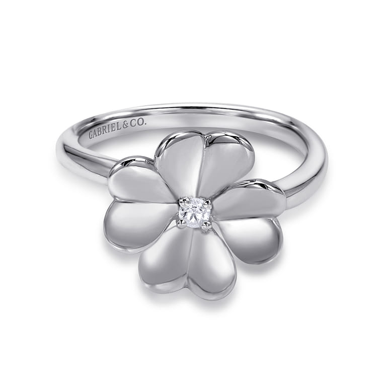 Floral - 925 Sterling Silver High Polished Flower with White Sapphire Ring - Shot 1