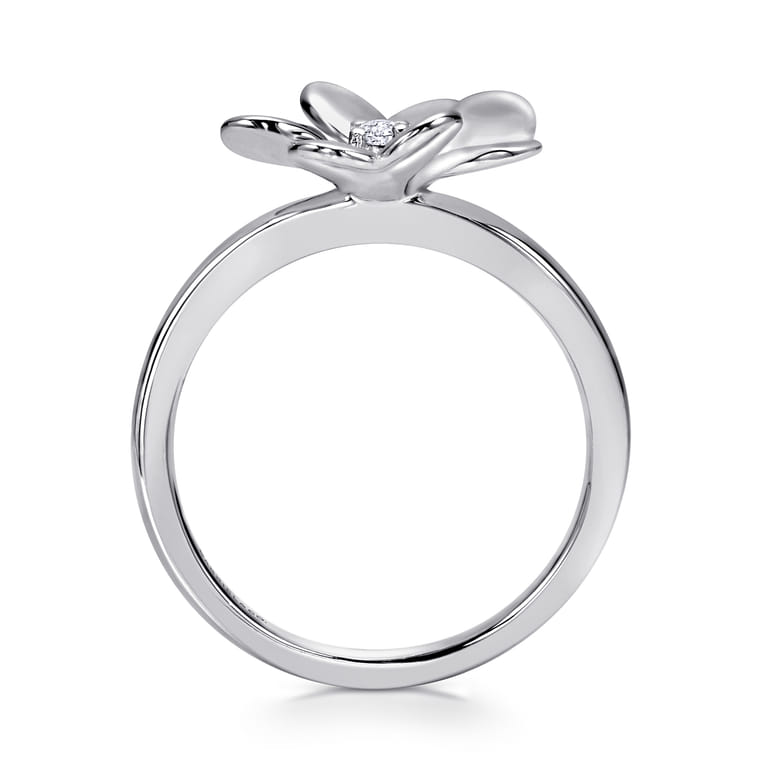Floral - 925 Sterling Silver High Polished Flower with White Sapphire Ring - Shot 2