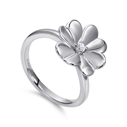 Floral - 925 Sterling Silver High Polished Flower with White Sapphire Ring