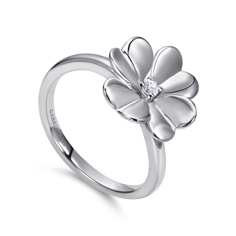 Floral - 925 Sterling Silver High Polished Flower with White Sapphire Ring - Shot 3