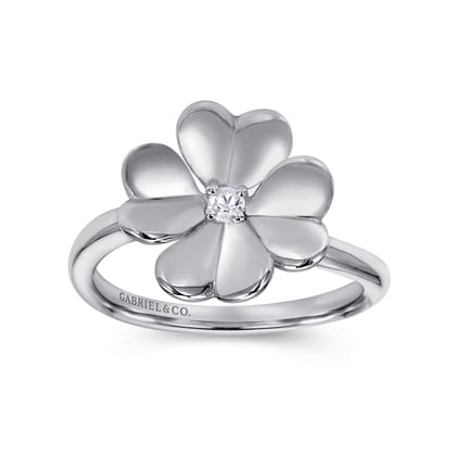 Floral - 925 Sterling Silver High Polished Flower with White Sapphire Ring
