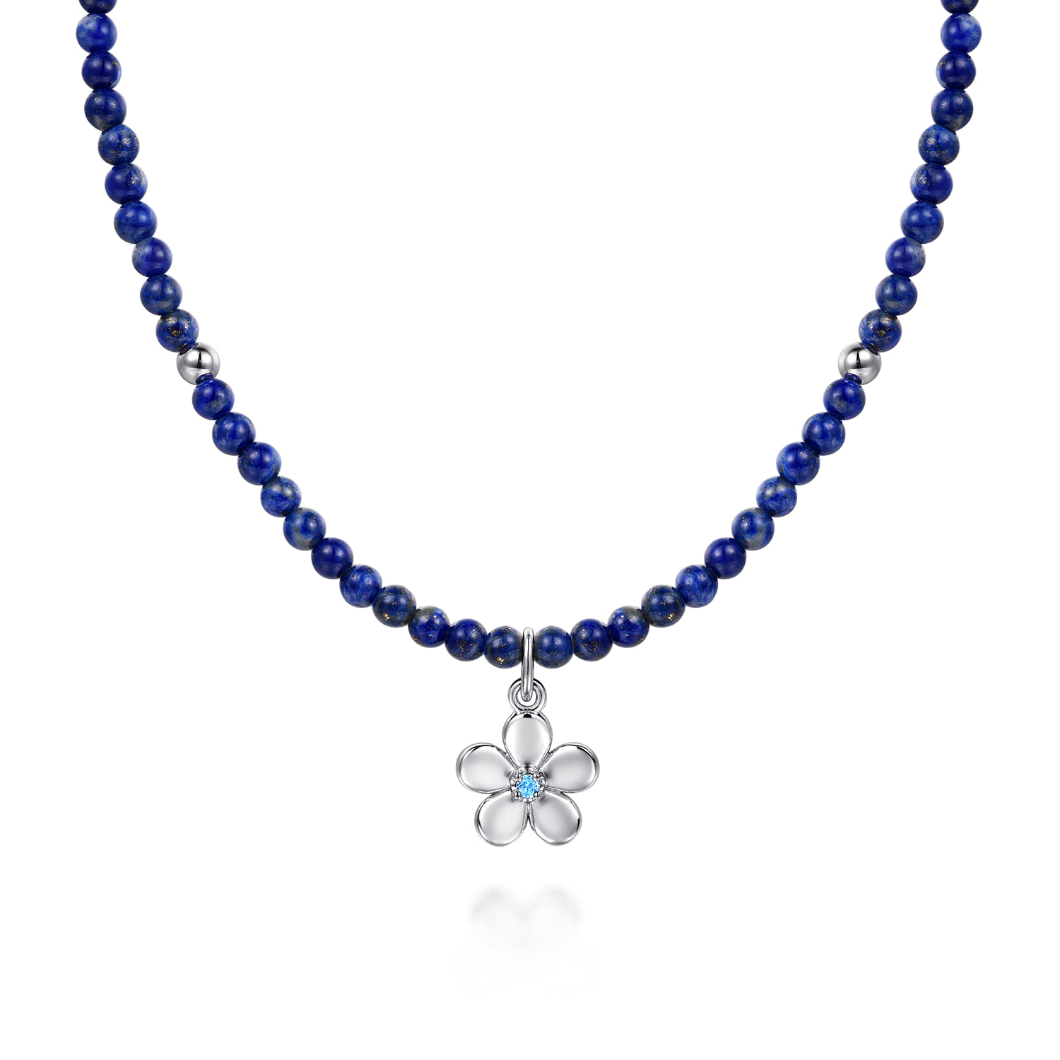 Floral - 925 Sterling Silver London Blue Topaz Flower and Lapis Bead Pendant Necklace - Shot 1